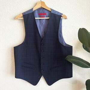 John Varvatos Wool Blend Plaid Vest Medium Classic Preppy Modern Waistcoat Blue